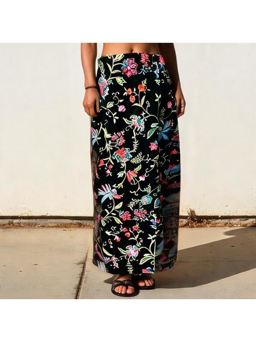 NWOT 80s TALBOTS COTTON BLACK FLORAL PRINT CREWEL MAXI WRAP SKIRT PLUS SZ 16